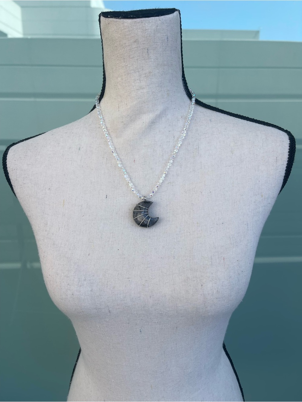 Larvikite Moon Necklace Stainless Steel Wire Wrap on White AB Glass Beaded Chain - Picture 3 of 5